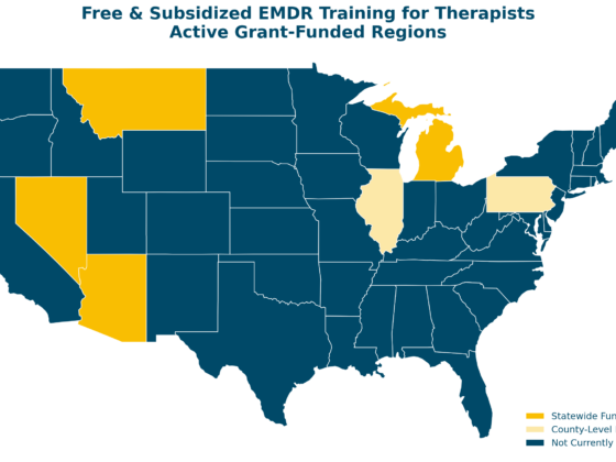 Map showing states and counties with free and subsidized EMDR training for therapists, including statewide funding in Montana, Nevada, Arizona, and Michigan, and county-level funding in Illinois and Pennsylvania