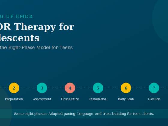 EMDR therapy for adolescents infographic showing the eight-phase treatment pathway from history-taking to reevaluation