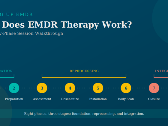 How EMDR therapy works: the eight phases of an EMDR session grouped into foundation, reprocessing, and integration stages